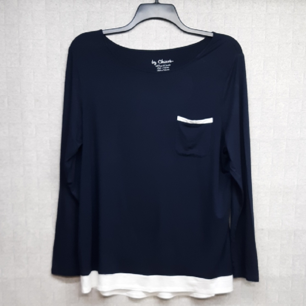 Chico's Navy Blue Long Sleeve Top with White Trim